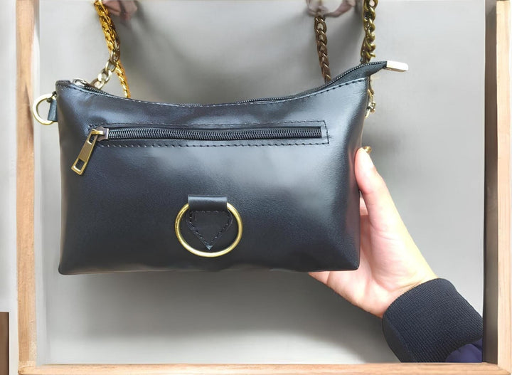 Elegant Black Boho Leather Purse – Handmade Statement Bag with Gold Chain