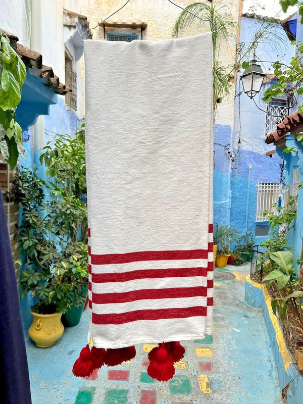 Wool Moroccan Blanket,Bedroom Blanket,Moroccan Red PomPom Blanket,Housewarming