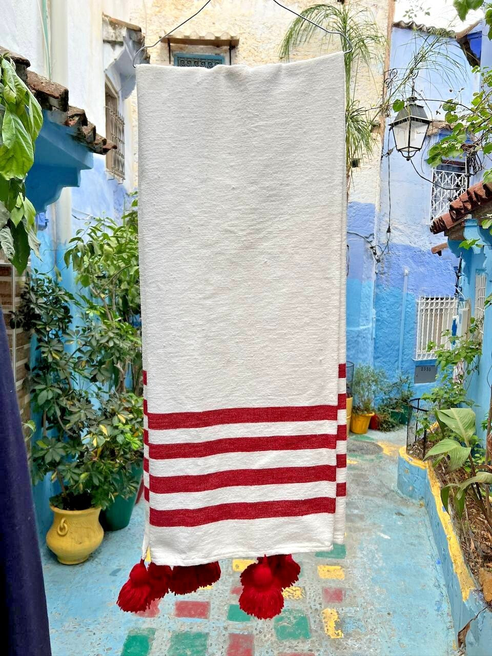 Wool Moroccan Blanket,Bedroom Blanket,Moroccan Red PomPom Blanket,Housewarming