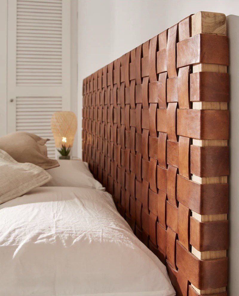 Authentic wall mounted Headboard, Stylish Strap Leather, Brown carved headboard