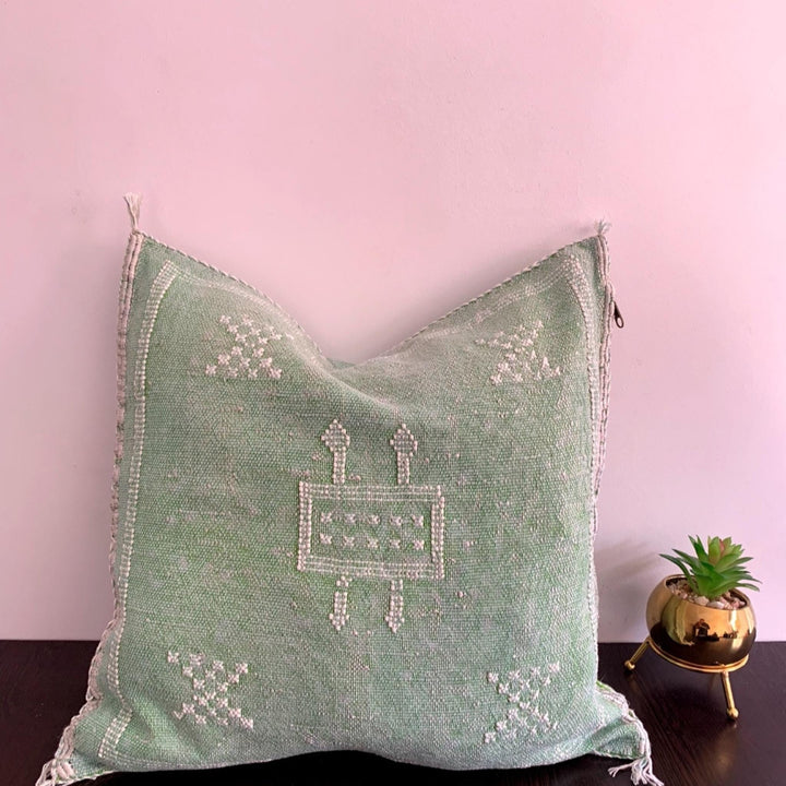 Green Handwoven Cactus Silk Pillow Cover, 19" x 19" Sabra Living Room Pillow