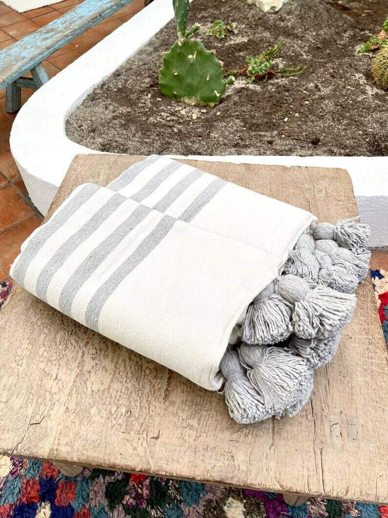 Wool Throw Blanket Cover, Moroccan Pom Pom Throw Blanket, Gray Throw Blanket