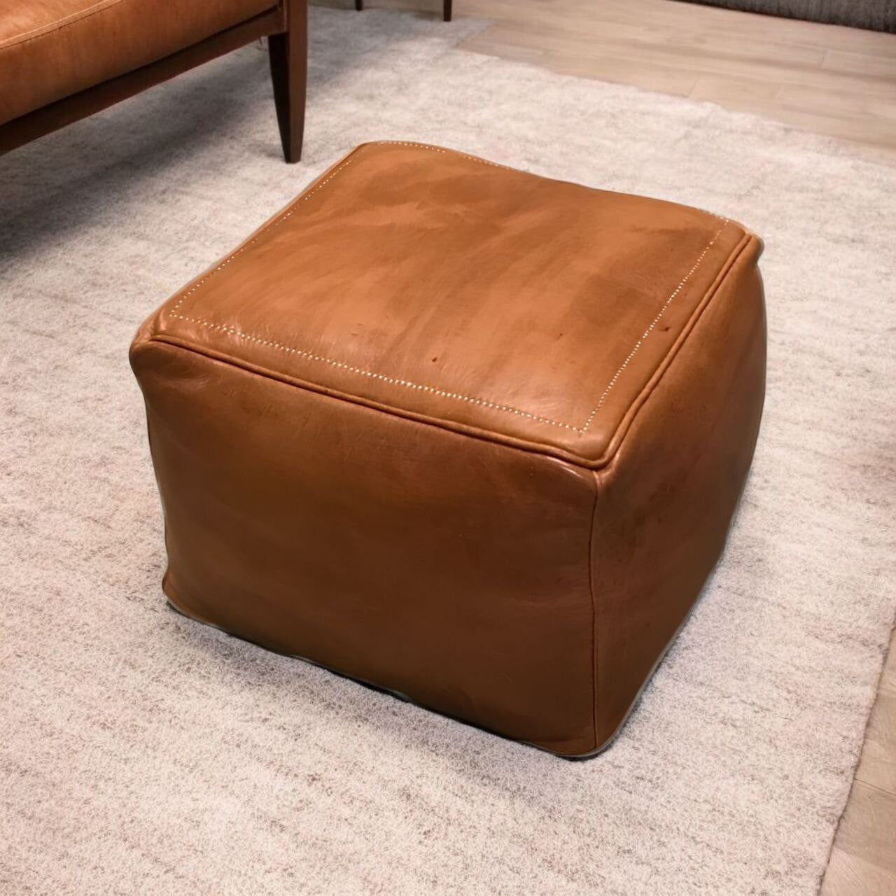 Square Brown Leather Pouf, Ottoman Leather Bench Handmade Square Pouf Brown