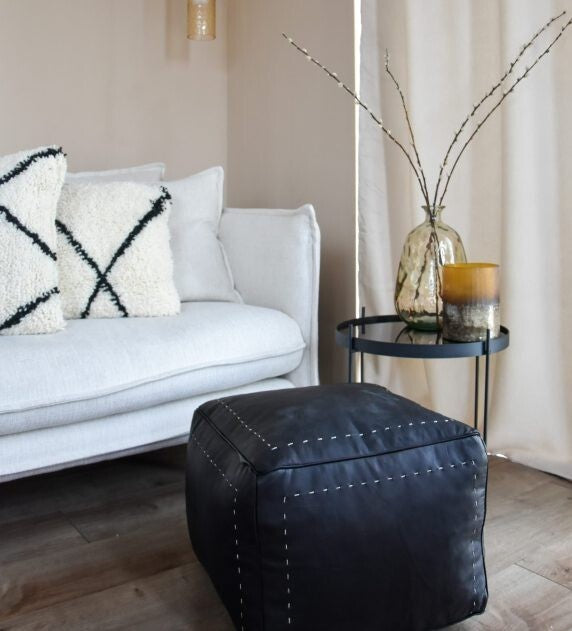 Square Ottoman Leather Pouf, White Leather Footstool Handcrafted Coffee Pouf