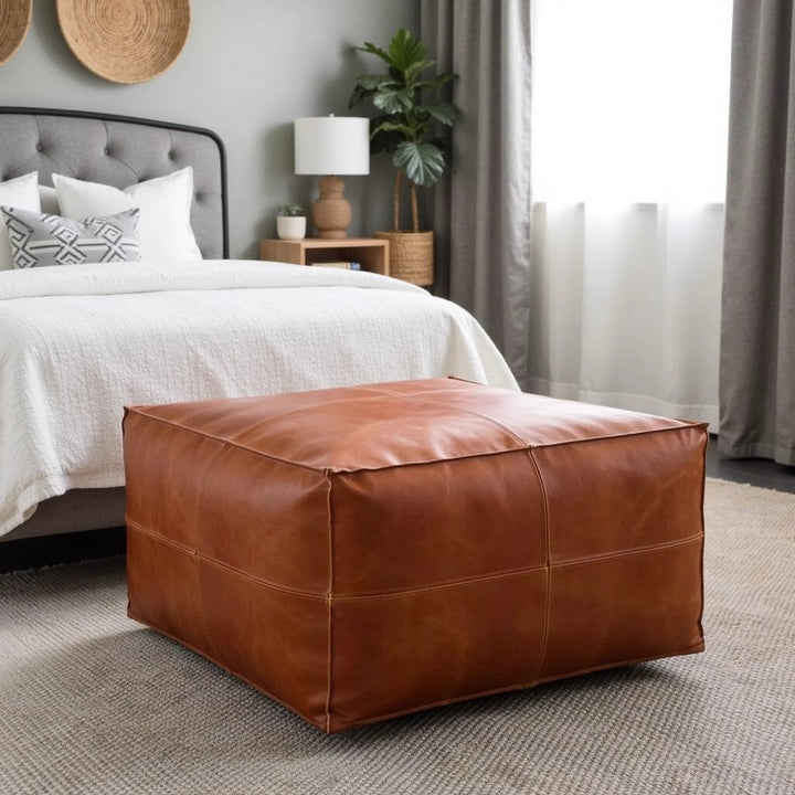 Handmade Large Rectangular Leather Pouf, Brown Footstool, Bohemian Living Room