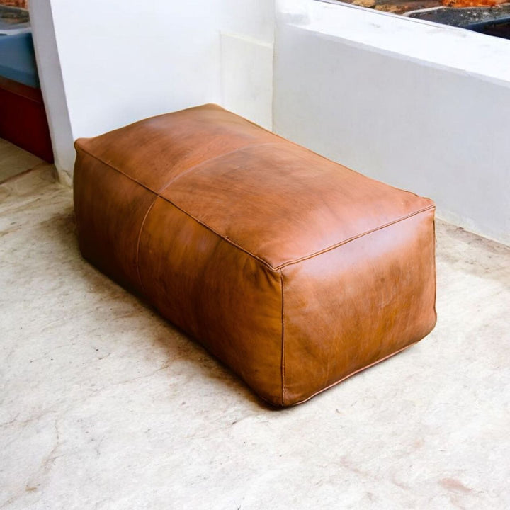 Rectangular Brown Leather Ottoman - Handmade Large Pouf Footstool