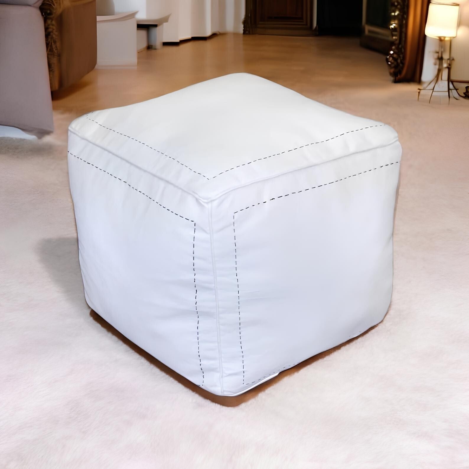 Square Ottoman Leather Pouf, White Leather Footstool Handcrafted Coffee Pouf