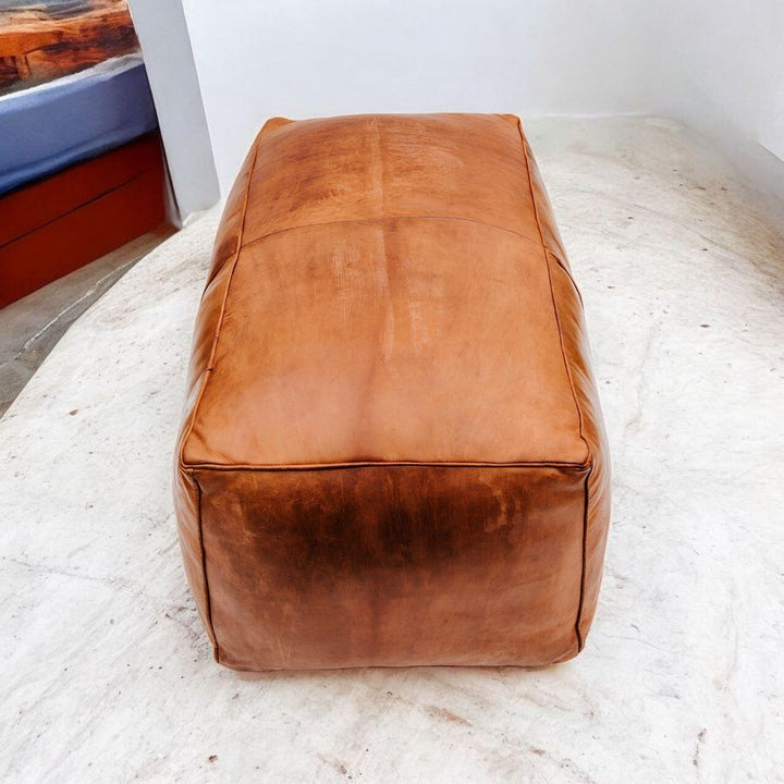 Rectangular Brown Leather Ottoman - Handmade Large Pouf Footstool