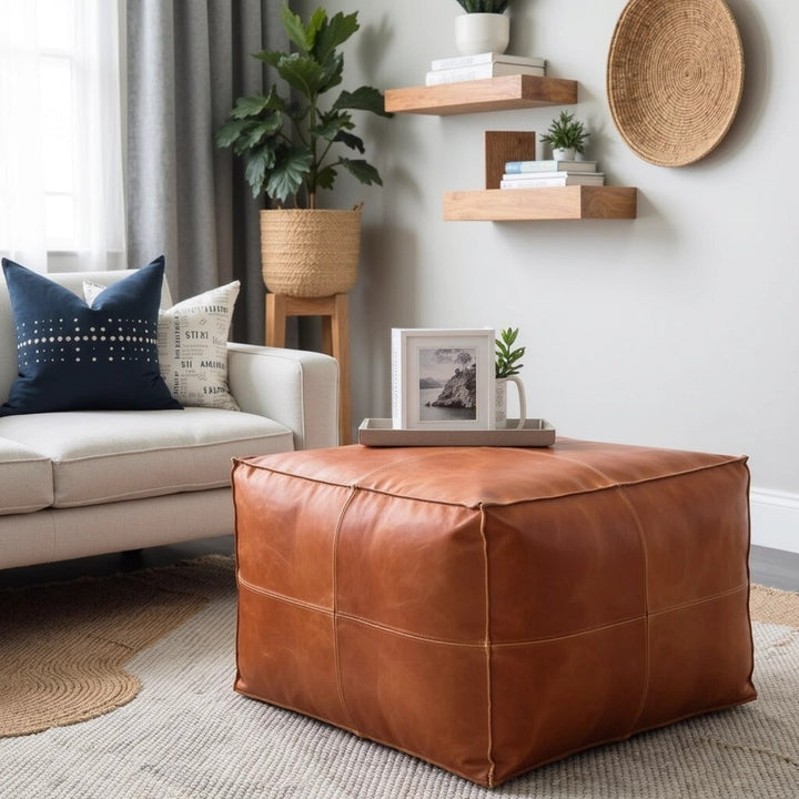 Handmade Large Rectangular Leather Pouf, Brown Footstool, Bohemian Living Room