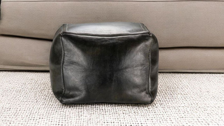 Square Black Leather Pouf, Ottoman Leather Bench Handmade Pouf with Stitching