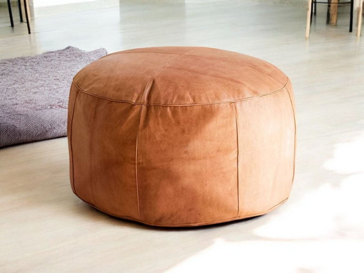 Stylich Handcrafted Ottoman Leather Bench, Round Leather Footstool | Unfilled