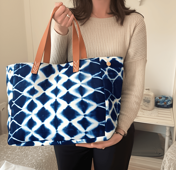 Handmade Indigo Shibori Tote Bag – Artisan Shoulder Bag with Leather Handles