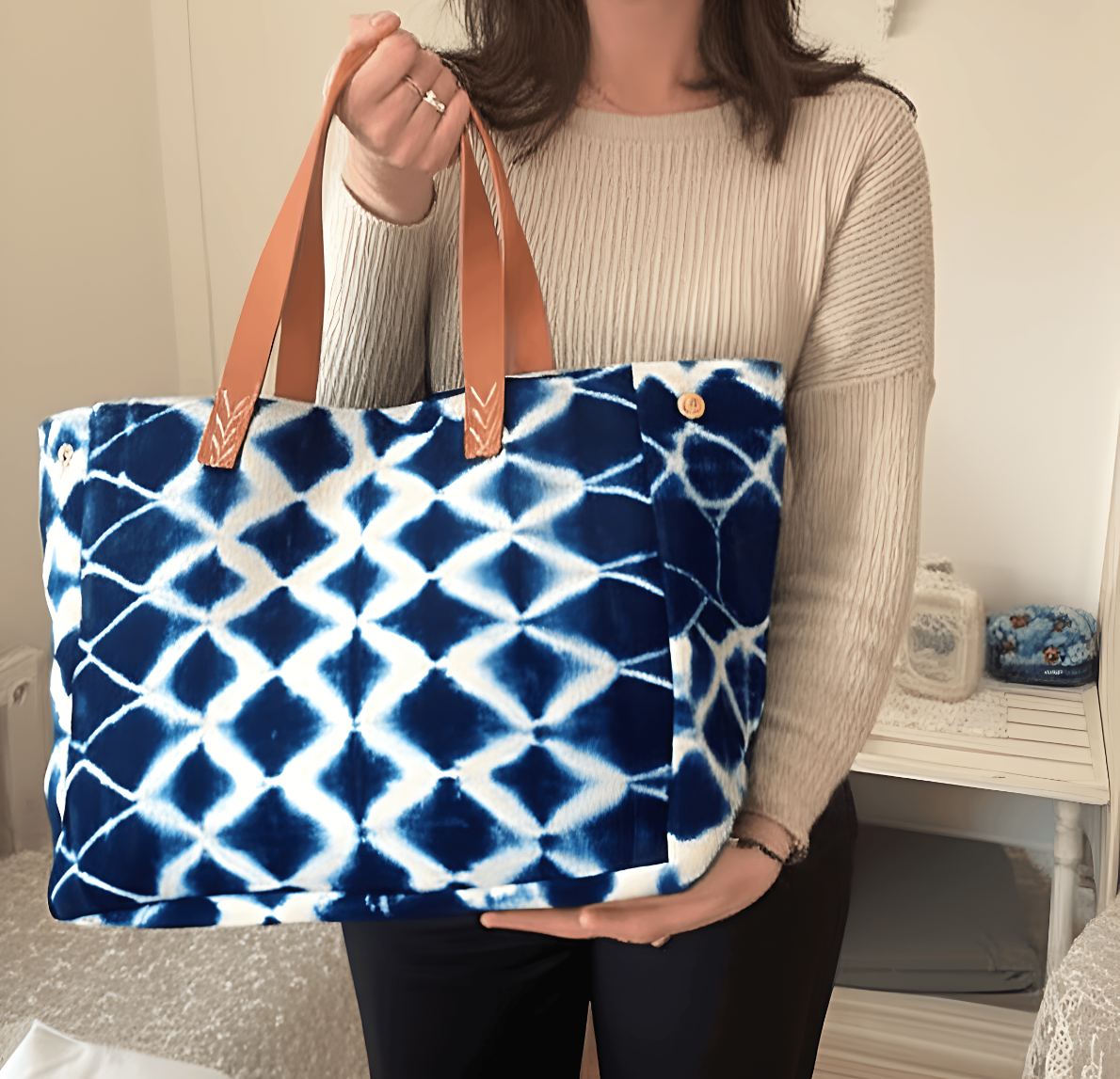 Handmade Indigo Shibori Tote Bag – Artisan Shoulder Bag with Leather Handles