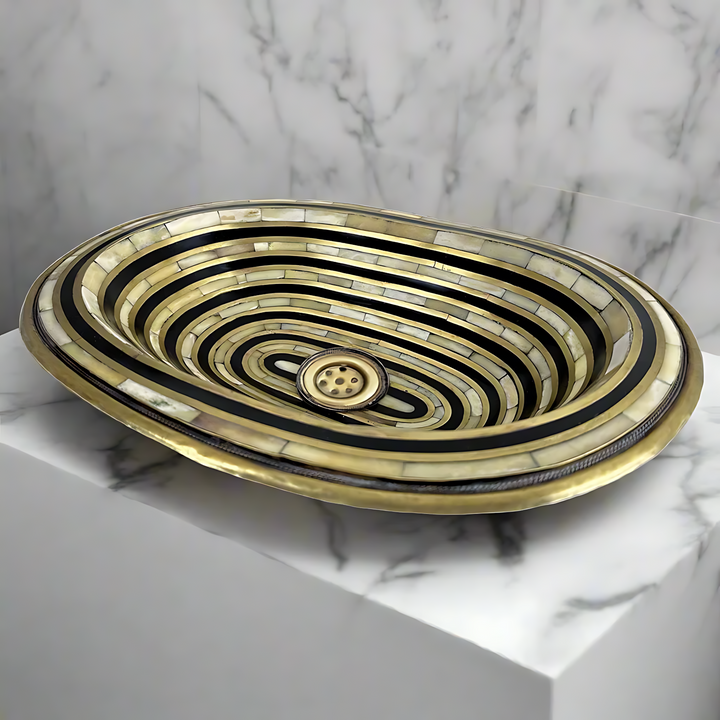 Handcrafted Brass Sink With Resin & Bone Inlay | Geometric Patterns Design