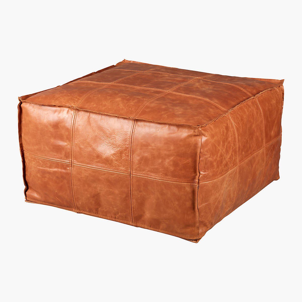 Authentic Large Rectangular Leather Pouf, Brown Footstool, Bohemian Living Room