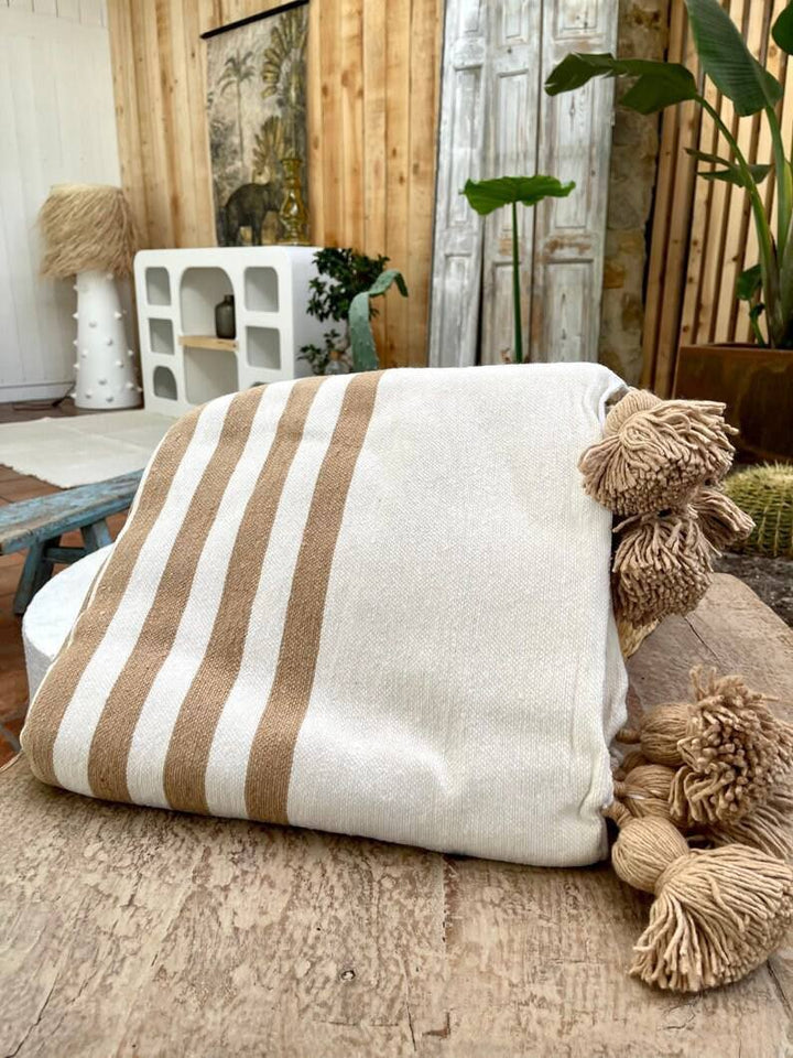 Mustard wool Throw Blanket, Handmade Boho Throw Bed Blanket, Decorative Pom Pom