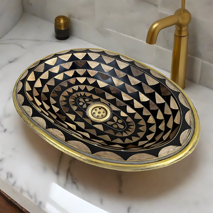 Handcrafted Oval Brass Sink -Moroccan Bathroom Sink | Geometric Patterns Design