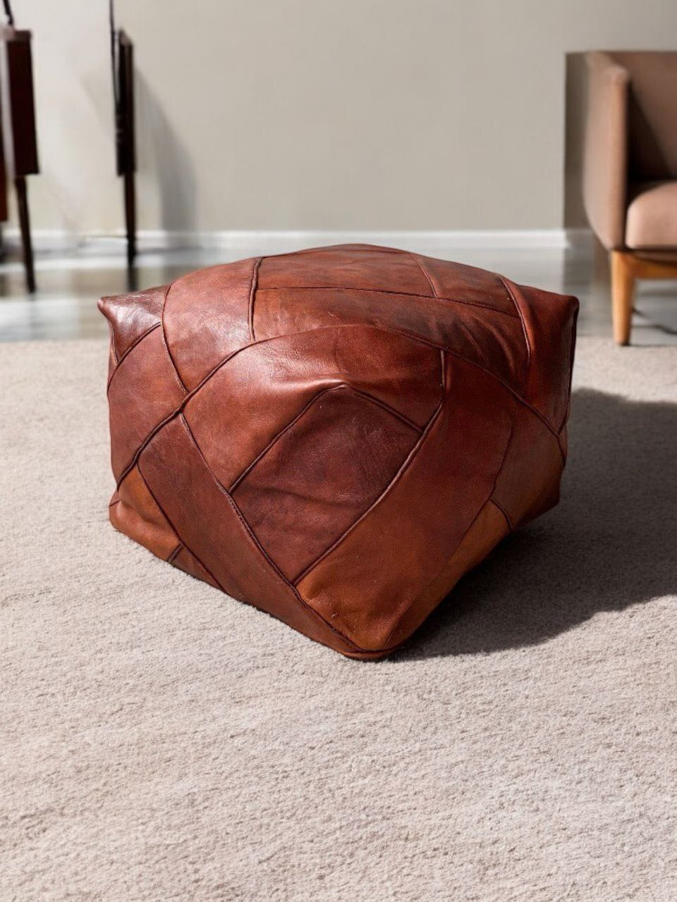 Stylish Dark Brown Leather Pouf, Square Ottoman Leather Bench | Unfilled