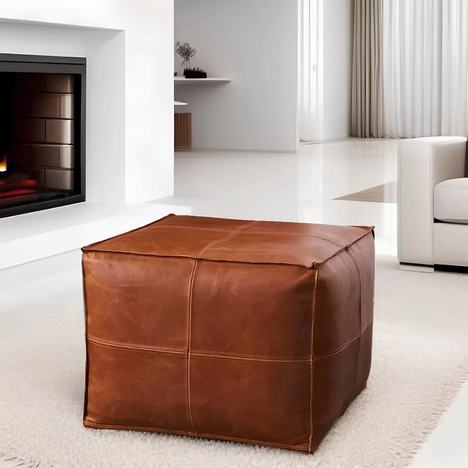 Handcrafted Square Moroccan Leather Pouf - Natural Tan, Modern Stitching