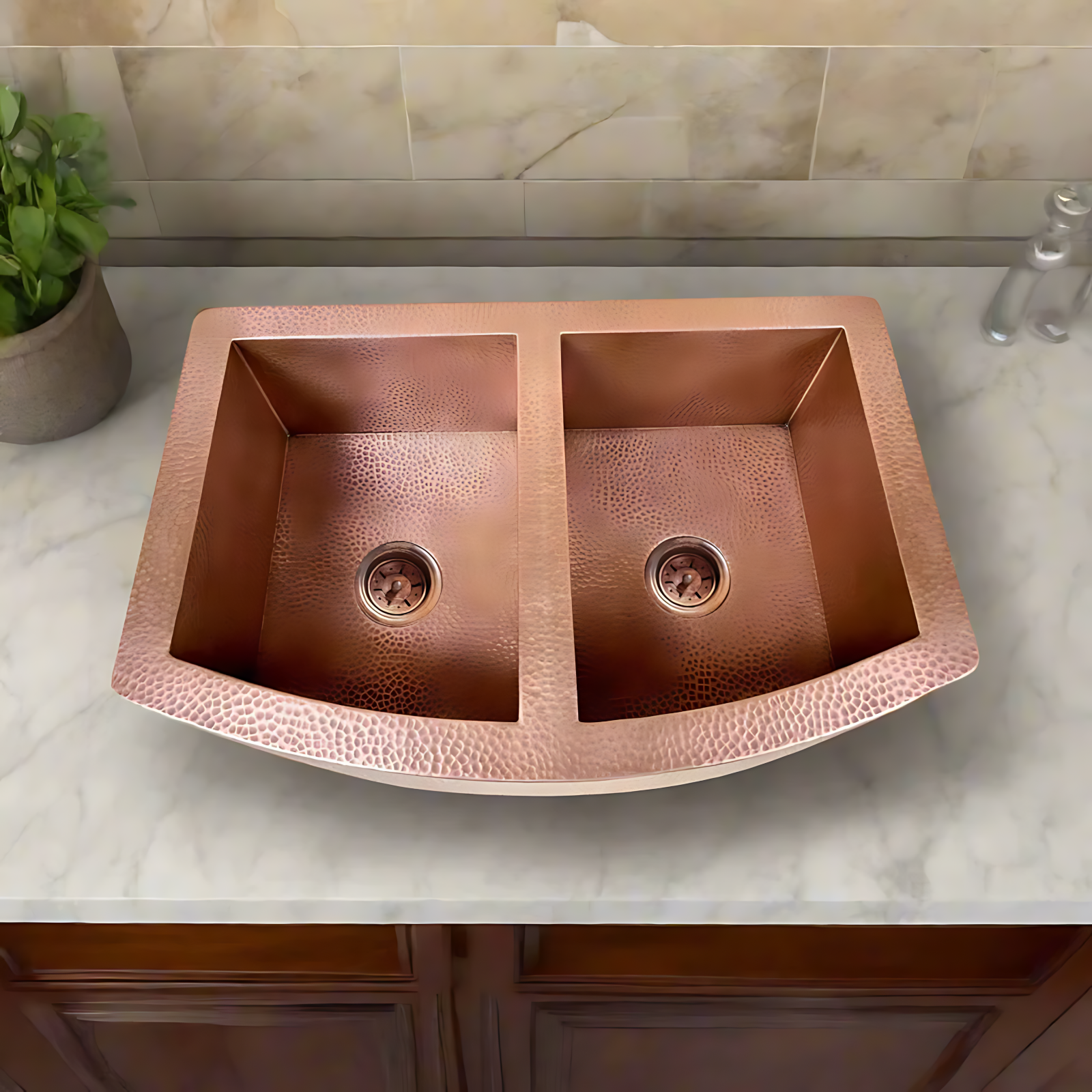Double-Bowl Hammered Copper Farmhouse Kitchen Sink Copper Double Basin Sink