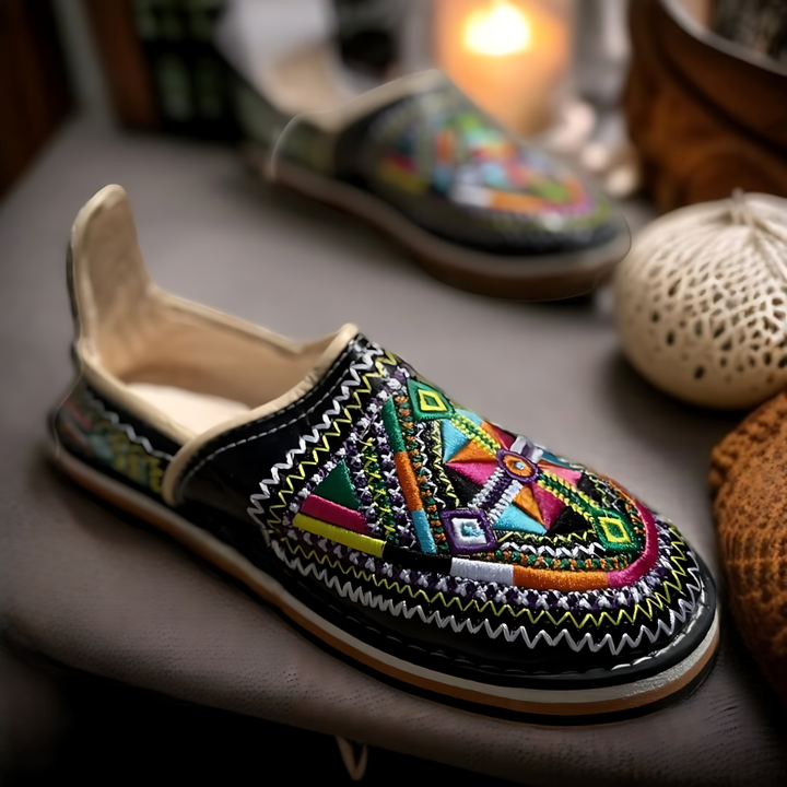 Handmade Berber Leather Shoes – Embroidered Slip-Ons | Ethnic Footwear for Women