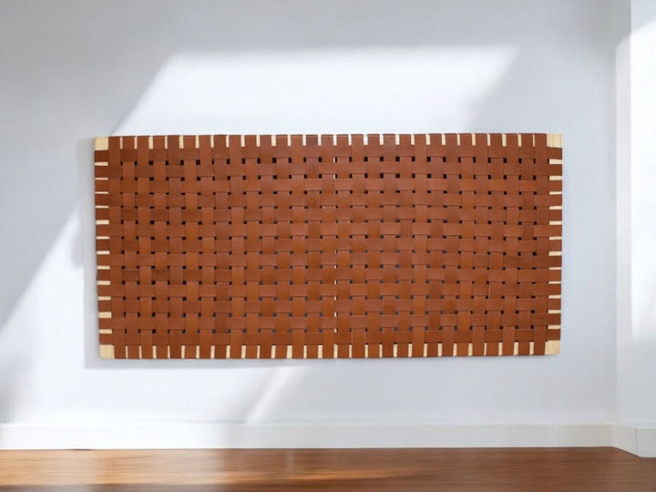 Authentic wall mounted Headboard, Stylish Strap Leather, Brown carved headboard