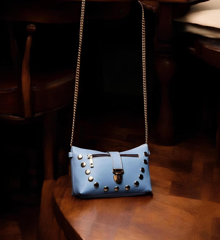 Sky Blue Moroccan Leather Purse – Authentic Handmade Bag with Chain Strap