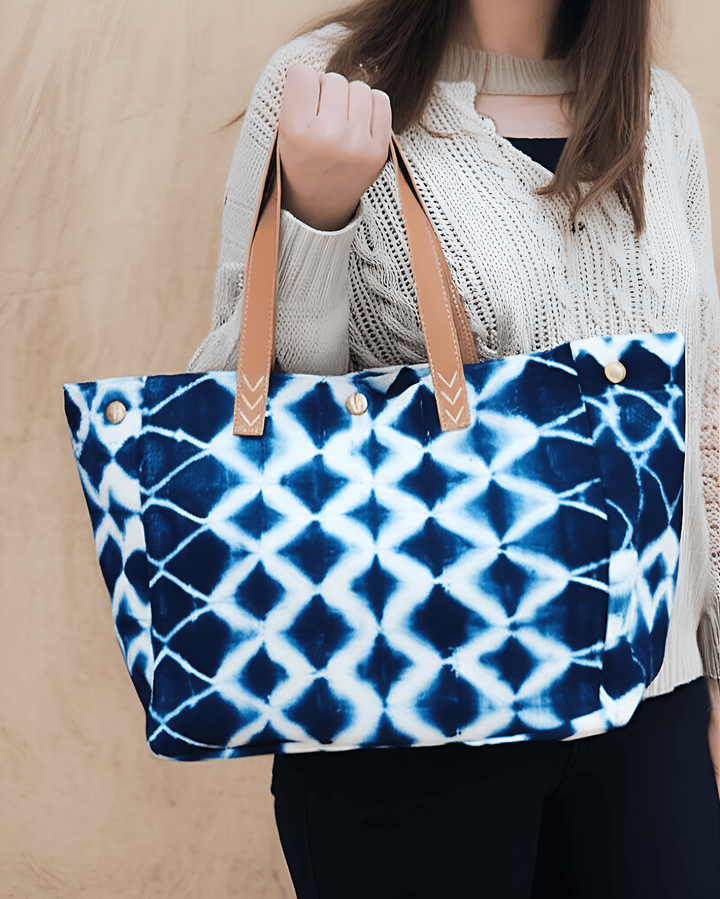 Handmade Indigo Shibori Tote Bag – Artisan Shoulder Bag with Leather Handles