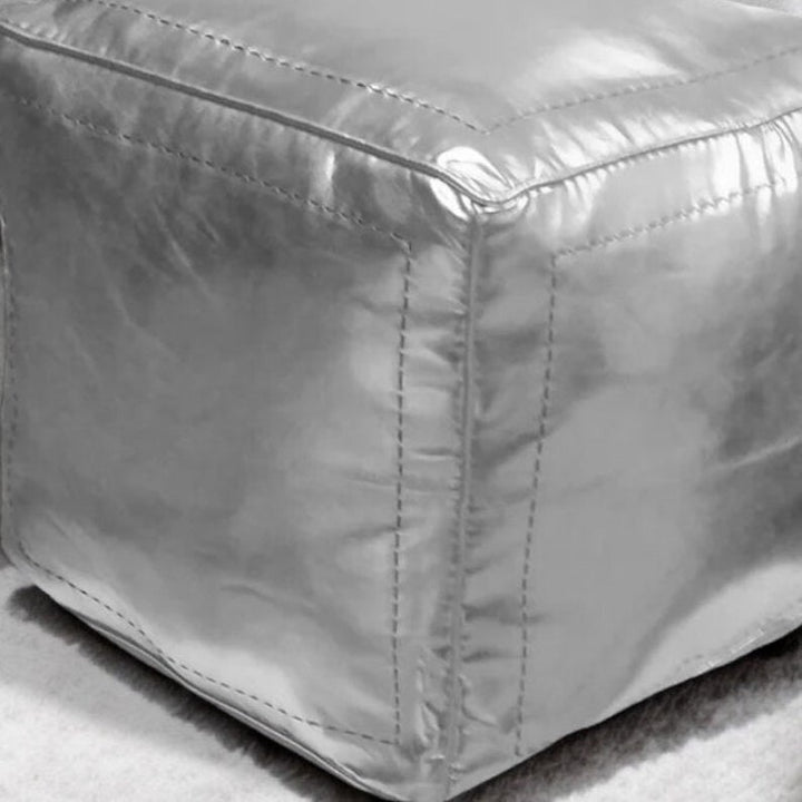 Stylish Handcrafted Silver Faux Leather Ottoman Pouf, Silver Footstool Pouf