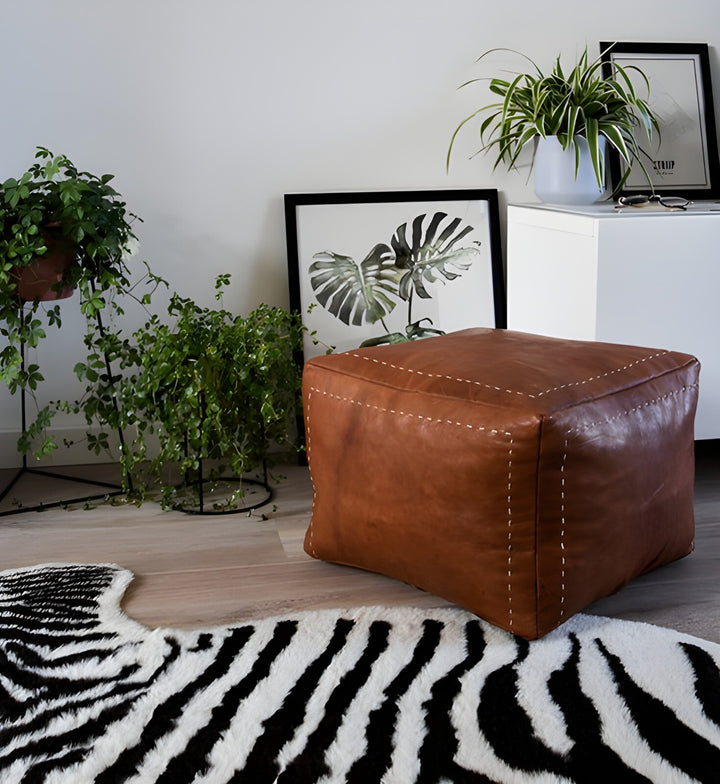 Square Ottoman Leather Pouf, White Leather Footstool Handcrafted Coffee Pouf