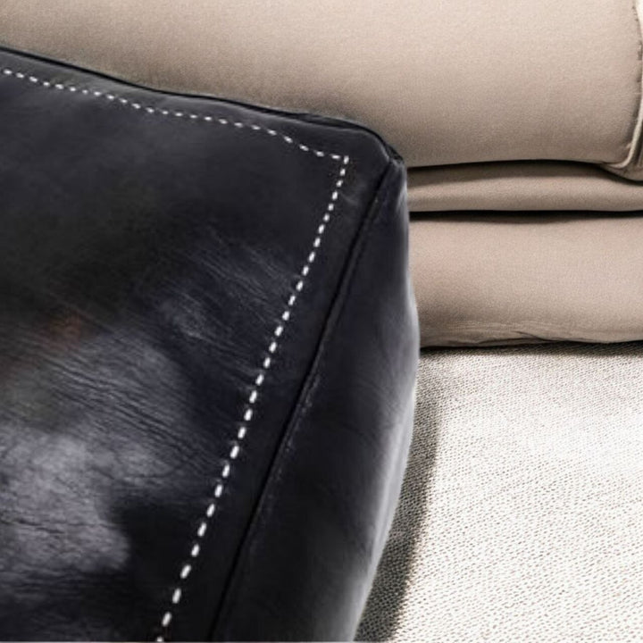 Square Black Leather Pouf, Ottoman Leather Bench Handmade Pouf with Stitching