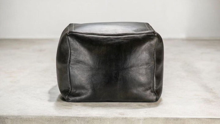 Square Black Leather Pouf, Ottoman Leather Bench Handmade Pouf with Stitching