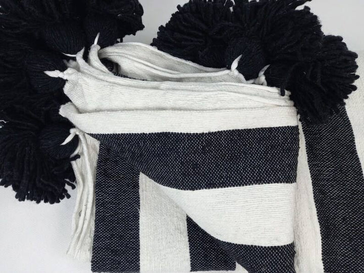 Moroccan Wool Throw Blanket, Black Throw Blanket,Bohemian Pom Pom Blanket, Decor