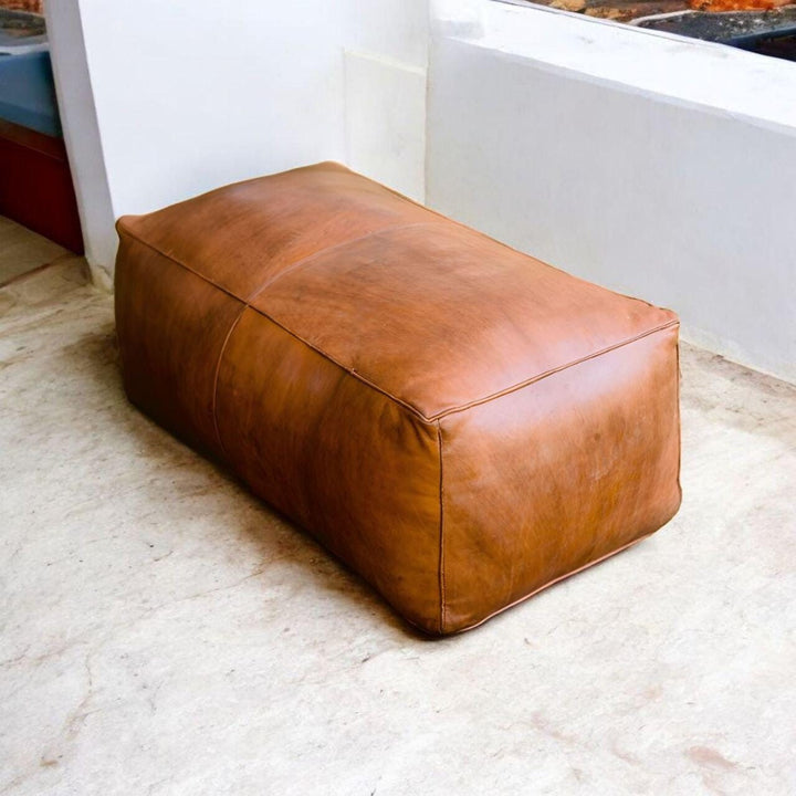 Rectangular Brown Leather Ottoman - Handmade Moroccan Pouf Footstool