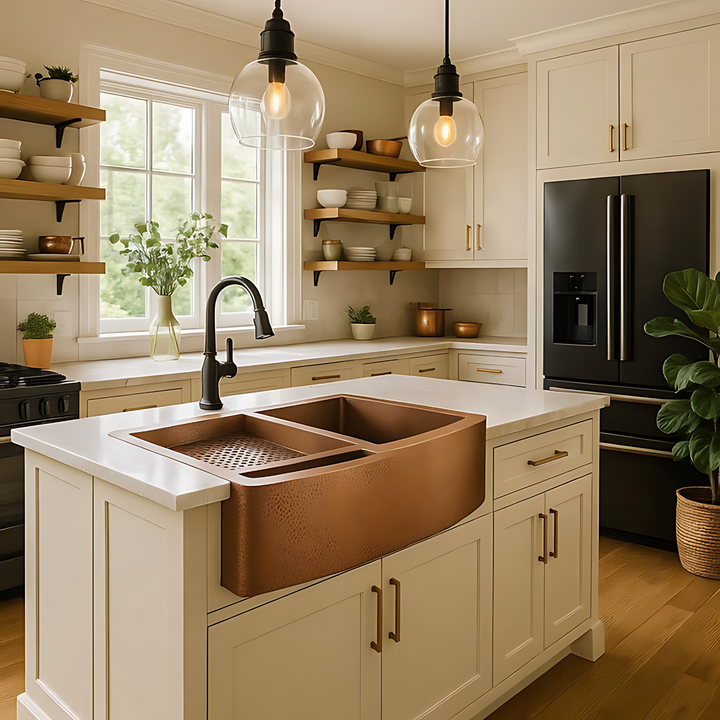 Double-Bowl Hammered Copper Farmhouse Kitchen Sink Copper Double Basin Sink