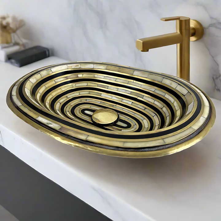 Handcrafted Brass Sink With Resin & Bone Inlay | Geometric Patterns Design