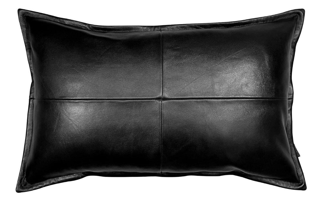 Handmade Lumbar Leather Pillow Cover, Large Decorative Black Leather Cushion