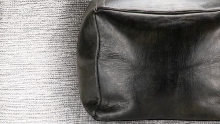 Square Black Leather Pouf, Ottoman Leather Bench Handmade Pouf with Stitching