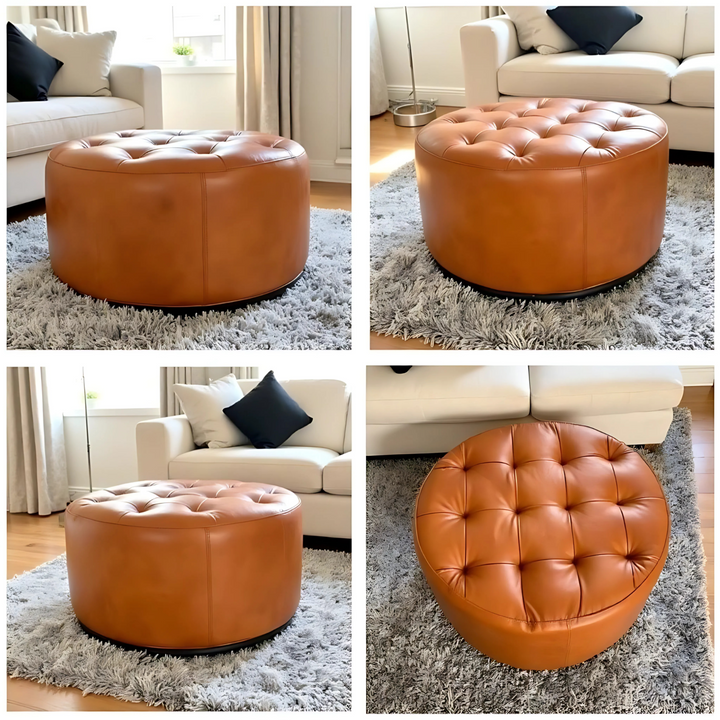 Handmade Pouf Leather Footstool Tufted Round Leather Footrest Ottoman Home Decor
