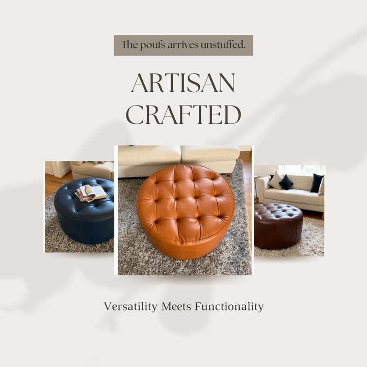 Handmade Pouf Leather Footstool Tufted Round Leather Footrest Ottoman Home Decor