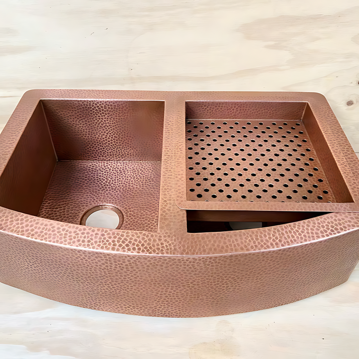 Double-Bowl Hammered Copper Farmhouse Kitchen Sink Copper Double Basin Sink