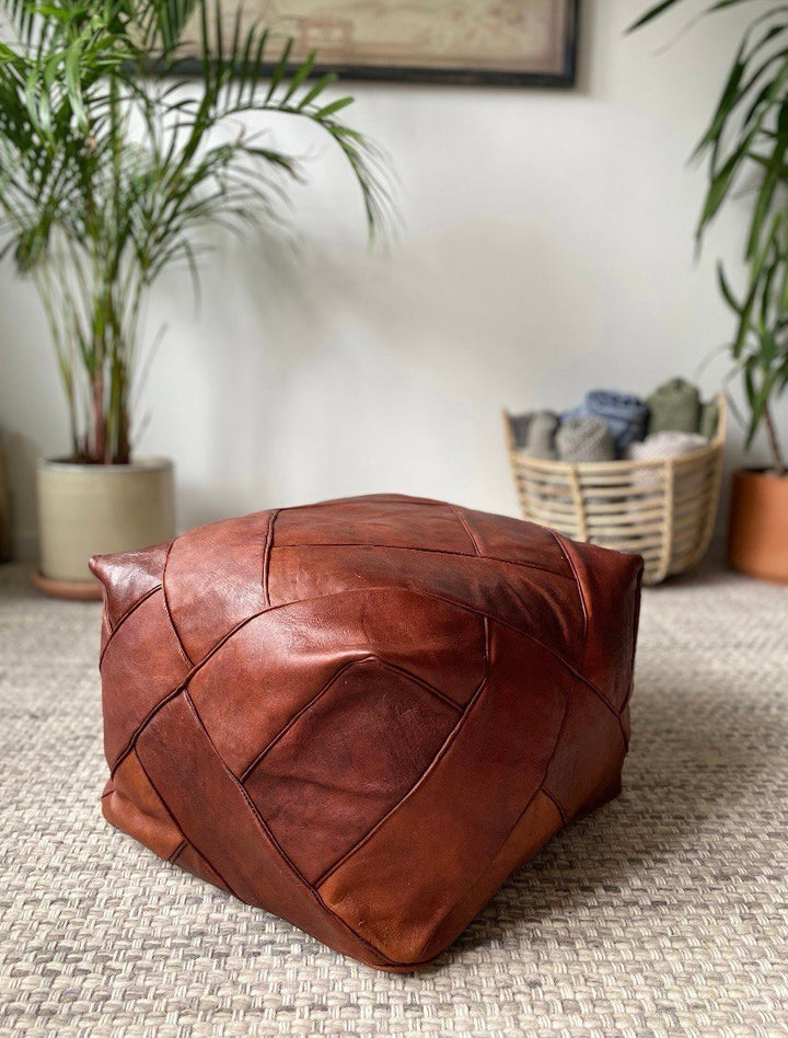 Stylish Dark Brown Leather Pouf, Square Ottoman Leather Bench | Unfilled