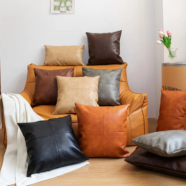 30X50/45X45CM PU Leather Pillowcase Pure Color Patchwork Farmhouse Decorative Leather Cushion Covers Sofa Couch Throw Pillows