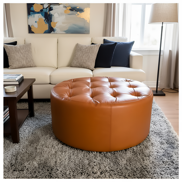 Leather Footstool Tufted Round - Footrest
