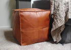Square Leather Pouf - Natural Tan, Modern Stitching