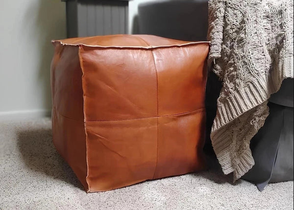 Square Leather Pouf - Natural Tan, Modern Stitching